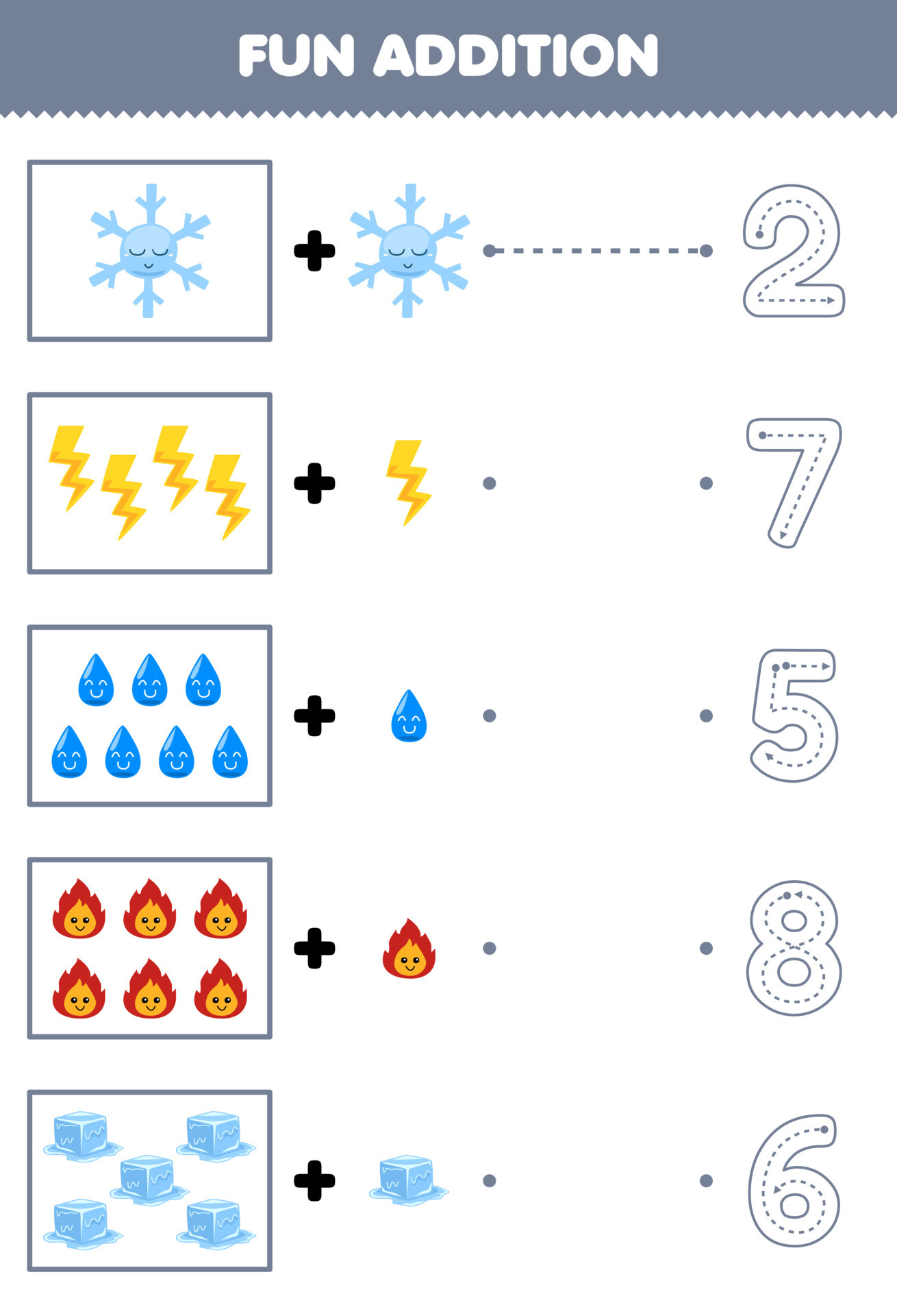 jogo educativo para crianças, diversão contando e adicione mais um desenho  animado, floco de neve, trovão, água, fogo, gelo, em seguida, escolha o  número correto planilha de natureza 17180150 Vetor no Vecteezy